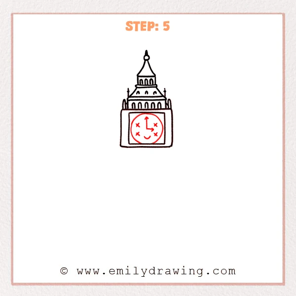 how to draw a big ben - Step 5: A round clock face and simple clock hands appear on Big Ben.